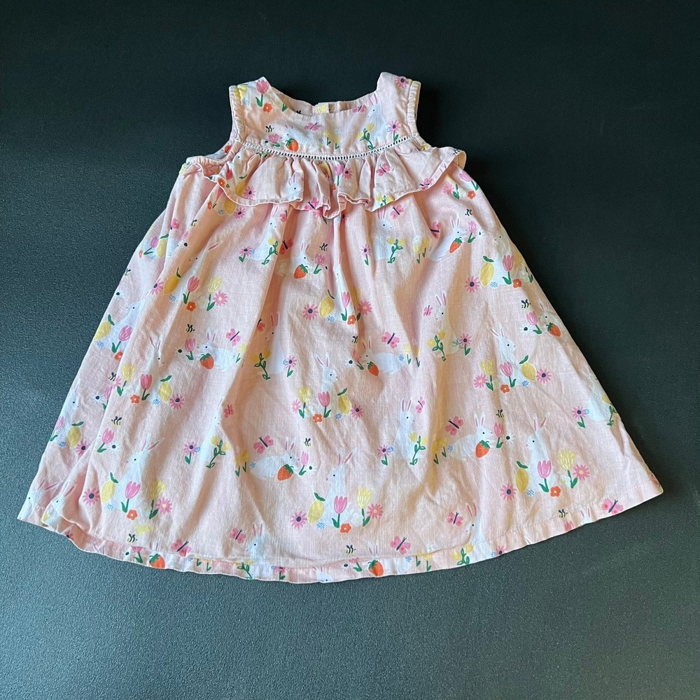John Lewis Baby Pink Bunny Floral Linen Blend Ruffle Dress Sleeveless 2/3 yrs